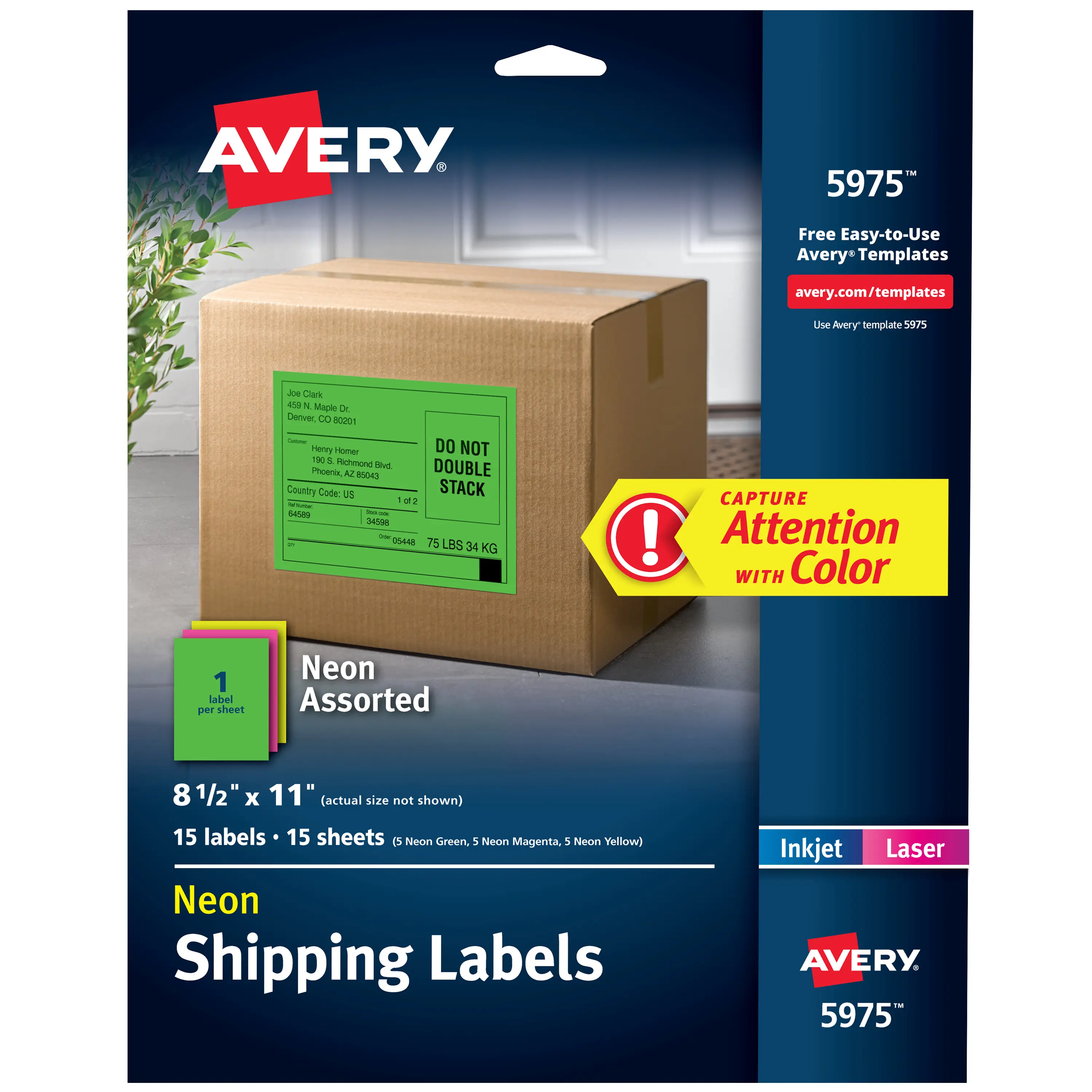 Avery Printable Shipping Labels with Permanent Adhesive, 8.5"x11", Assorted Neon Magenta/Green/Yellow, Laser & Inkjet Compatible, 15 Total Labels (5975) – Ideal for Customized Gifts