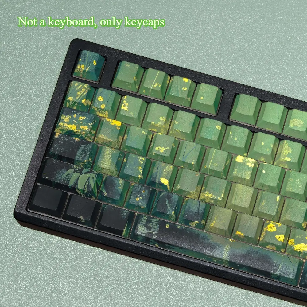 Midsummer Themed Keycaps - Double-Sided Engraved PBT Sublimation Green/Yellow Leaf & Latin-like keycaps (QWERTY, Arabic, Korean, German, French, Spanish, Russian) - Compatible with QWERTY/ Language Layouts (No Insert/Backspace