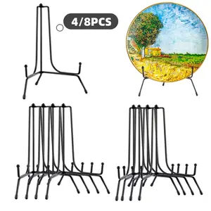 4/8PCS 8 Inch Improved Anti-Slip Plate Stands for Display, Plate Holder Display Stand, Picture Frame Holder Stand, Black Iron Easel Stands for Photo, Decorative Plate, Tablets and Table Art