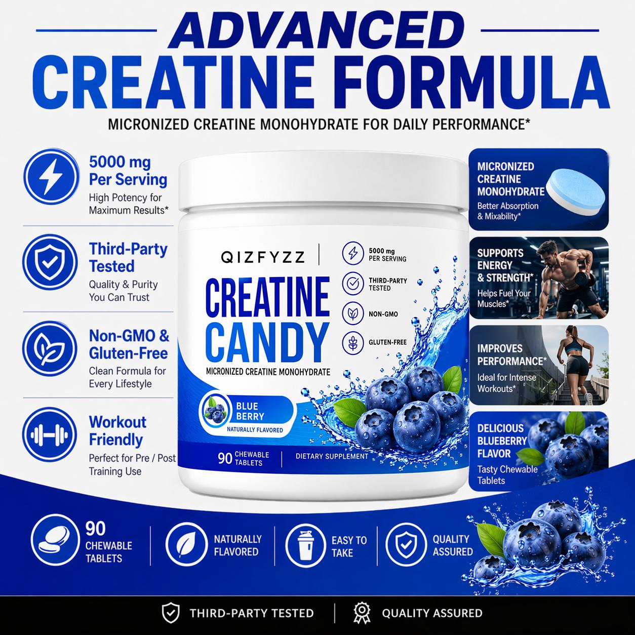 Creatine Candy Chewable Tablets 5000mg Per Serving, Micronized Creatine Monohydrate, Blueberry Flavor, 90 Count, Non-GMO, Gluten-Free, Workout & Muscle Support Supplement