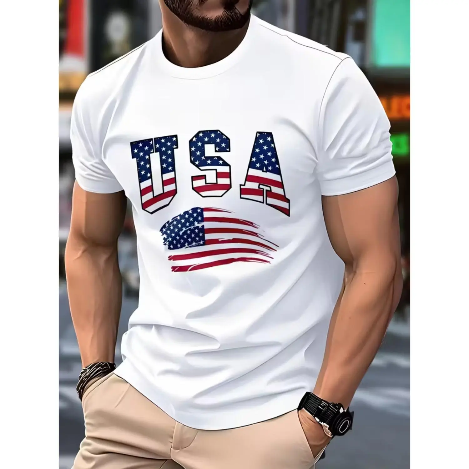 Mens USA Flag Cotton T-shirt with Map Outline Full Flag Print Lightweight Red White Blue Casual Crew Neck Short Sleeve 4th of July Outfit Machine Washable Summer Wear Stars and Stripes Design