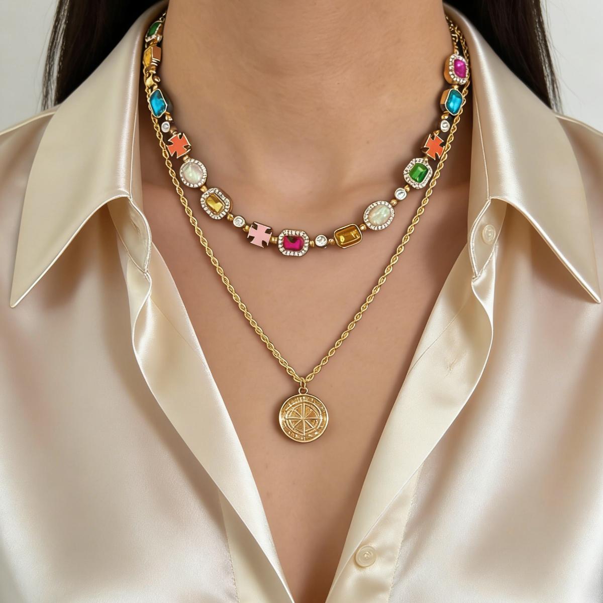 European and American cross-border colorful gemstone gold jewelry chain, fashionable and dazzling, high-end, light luxury, versatile necklace set