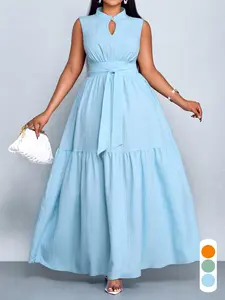 Elegant Solid Color Maxi Dress for Plus Size Women, Long Dress with Stand Collar and Waist Belt, All Seasons Fitted Chic Style, Casual Wear
