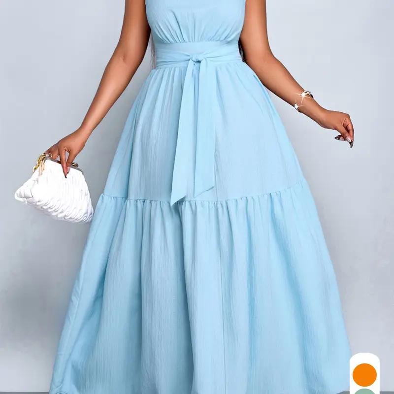 Elegant Solid Color Maxi Dress for Plus Size Women, Long Sleeveless Dress with Stand Collar and Waist Belt, All Seasons Fitted Chic Style, Summer Casual Wear Elegance Brunch Dress, Maxidresses