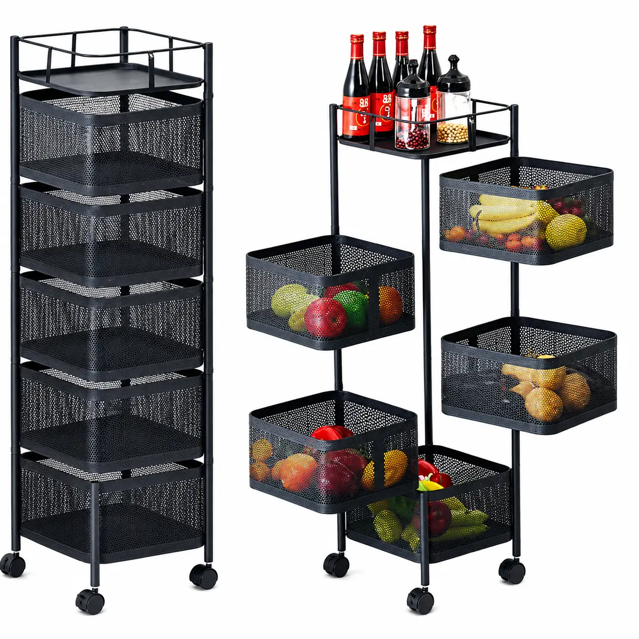 5 Tier 360° Rotating Metal Storage Rack | Adjustable Carbon Steel Rolling Organizer Cart for Kitchen, Fruits, Vegetables, Snacks & Home Storage