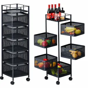 5 Tier 360° Rotating Metal Storage Rack | Adjustable Carbon Steel Rolling Organizer Cart for Kitchen, Fruits, Vegetables, Snacks & Home Storage