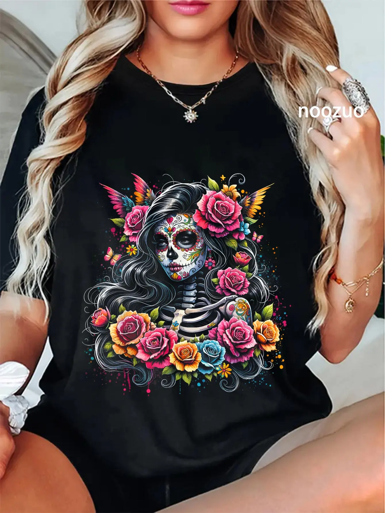 Unisex La Catrina Sugar Skulls T-Shirt, Playful Pop Culture Shortsleeve Top for Everyday Wear and Special Occasions, Graphic, Tshirt, Casual Fit, Round Neck, Women's Clothes, Short Sleeves