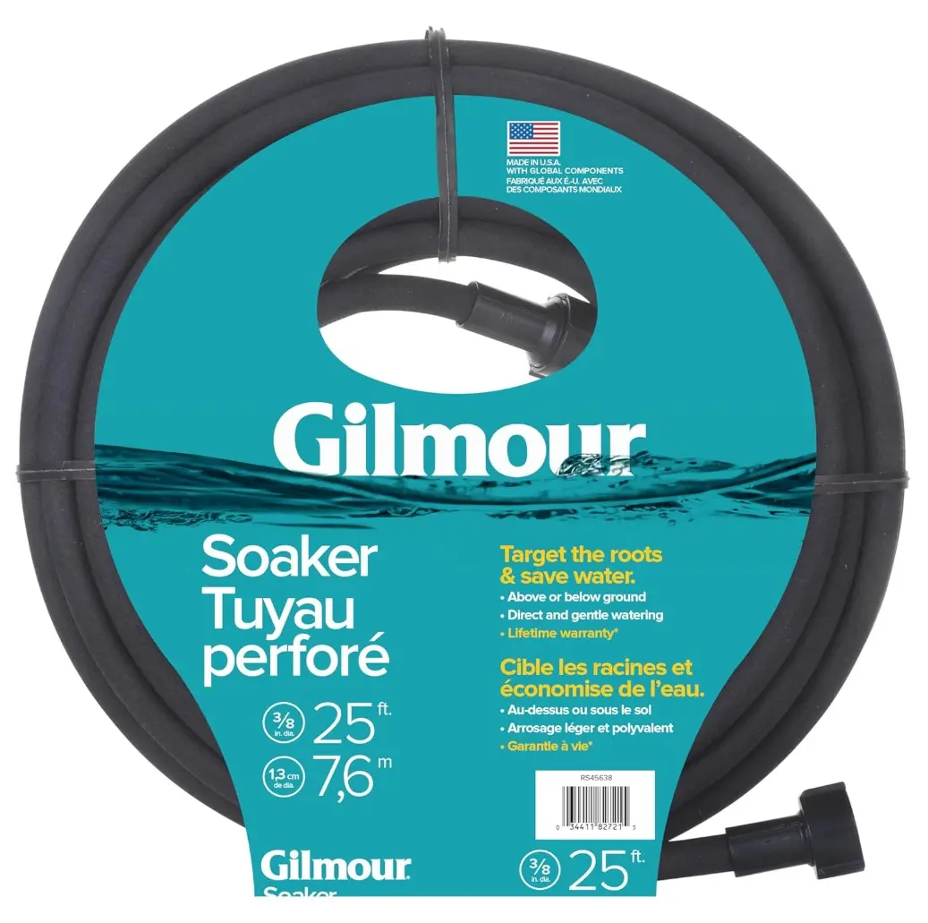 Gilmour Round Soaker Hose 3/8" x 25 ft – Heavy Duty Fittings, Even Water Distribution, Timer-Compatible Drip Irrigation for Raised Beds