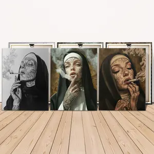 3 Counts Wooden Framed Canvas, Tattooed Nun Smoking Art Images, Exquisite Poster, Perfect Living Room Decoration, Modern Art, Fashion Family Poster, Wall Art Decoration, Waterproof Art