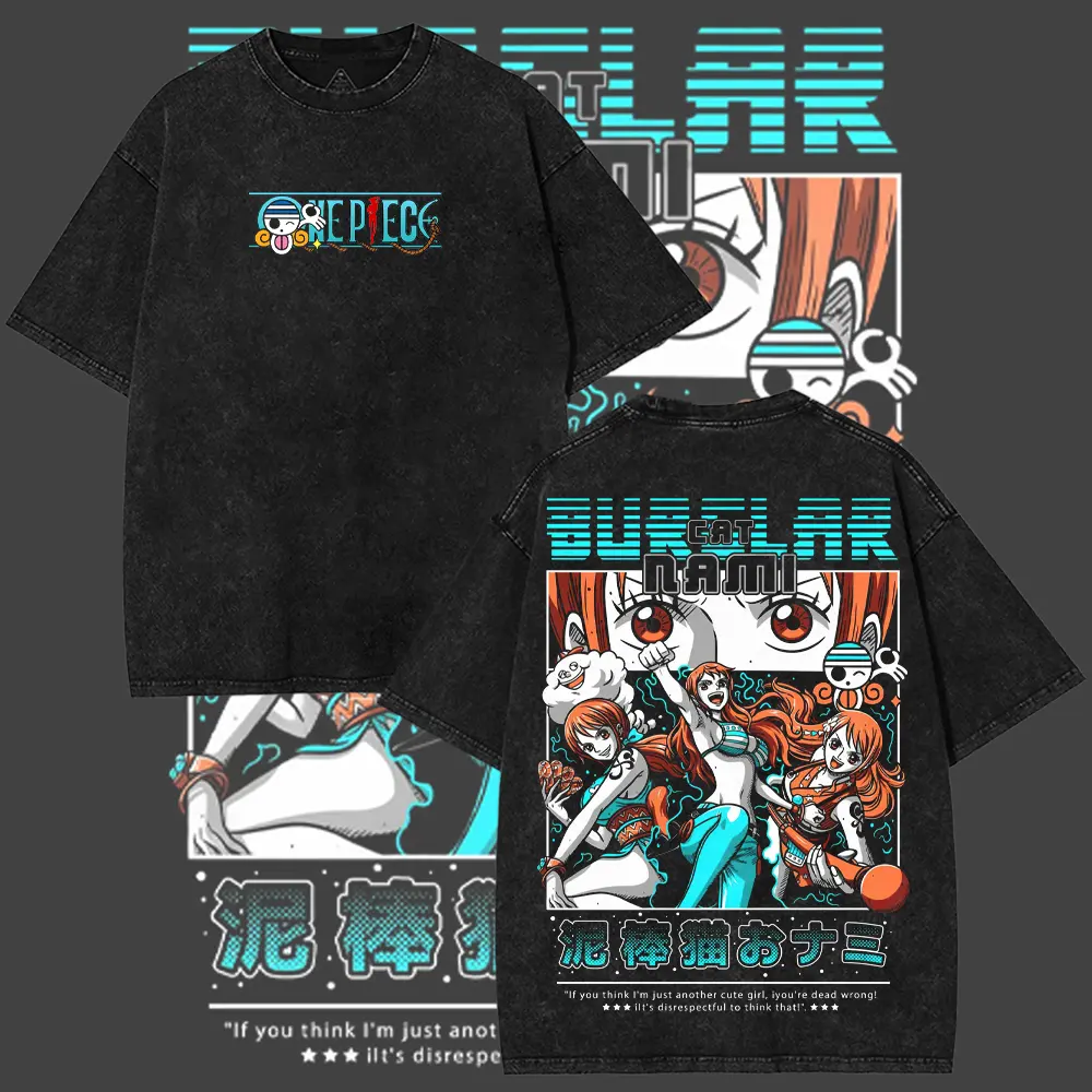 Retro Limited Burglar Cat Nami Washed Tee, One Piece Anime Oversized Print Acid Wash Graphic T-Shirt, Y2K Streetwear Gift For Fan Manga Lover Otaku Merch