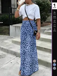 2026 Spring Summer Women's Leopard Print Maxi Skirt - Multi-Color Options, High Waist Split Design, Lightweight Flowy Chiffon Fabric, Slimming & Versatile for Office/Vacation/Casual Womenswear, Lady