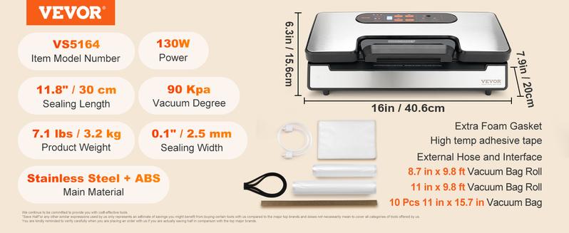 VEVOR Vacuum Sealer Machine, TikTokShopBlackFriday, 90Kpa 130W Powerful Dual Pump and Dual Sealing, Dry and Moist Food Storage, Automatic and Manual Air Sealing System with Built-in Cutter, with Seal Bag and External Hose