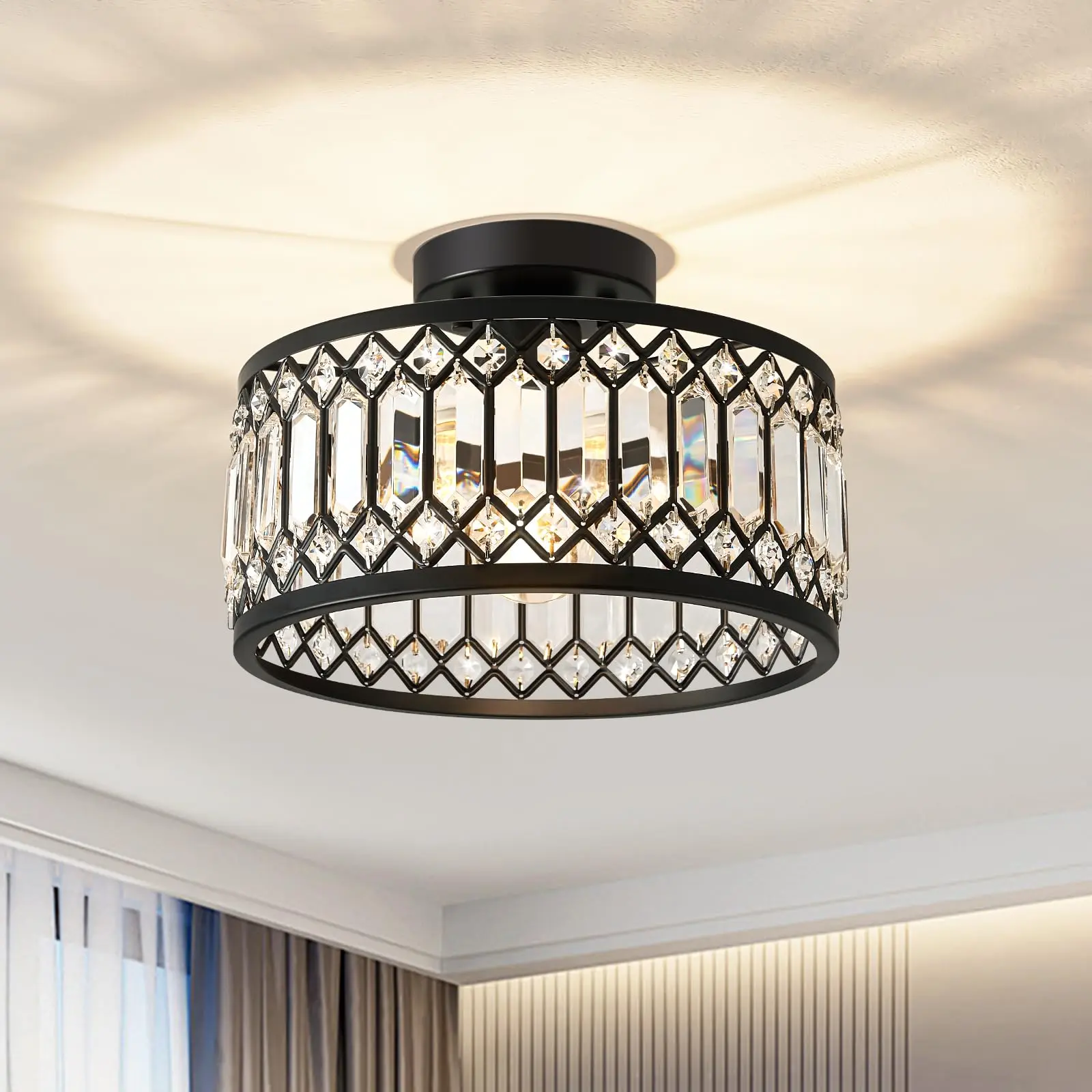 SERBASIC 60W Modern Black Metal Flush Mount Chandelier Light - Multichrome Decorated Novelty Lighting, Fully Dimmable, 3 Adjustable Color Temp (3000-6500), E26/E27 Fixture, Easy Installation, Bedroom Lights for Home Improvement, Lights Bedroom