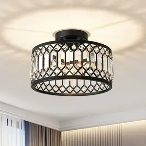 Serbasic 60W Modern Black Metal Flush Mount Ceiling Light with Crystal Shade - 3 Adjustable Color Temperatures (3000K-6500K), Easy Installation, E26/E27 Elegant Lighting for Kitchen, Hallway, Living Room, Bedroom & Office Chandelier