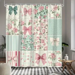 1pc Floral & Polka Dot Shower Curtain Soft Pastel Design with Roses Bows and Stripes 66X72 Inch Polyester with Hooks Washable Bathroom Decor|Pastel Aesthetic|Easy Hang Curtain Shower Curtains for Bathroo