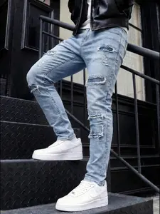 Men's Distressed Denim Jeans, Slim Fit Straight Leg Pants, Trendy Streetwear Street Style, Comfortable and Fashionable, Perfect for Daily Wear