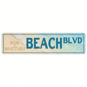 Vintage 'Beach Blvd' Aluminum Sign - 16x4 Inch Coastal Wall Art with Distressed Typography & Beach Scene Design, No Power Needed, Easy Hook Installation for Home, Bar, Cafe, Kitchen Decor, Coastal Home Decor, Cafe Decoration, Nautical Theme