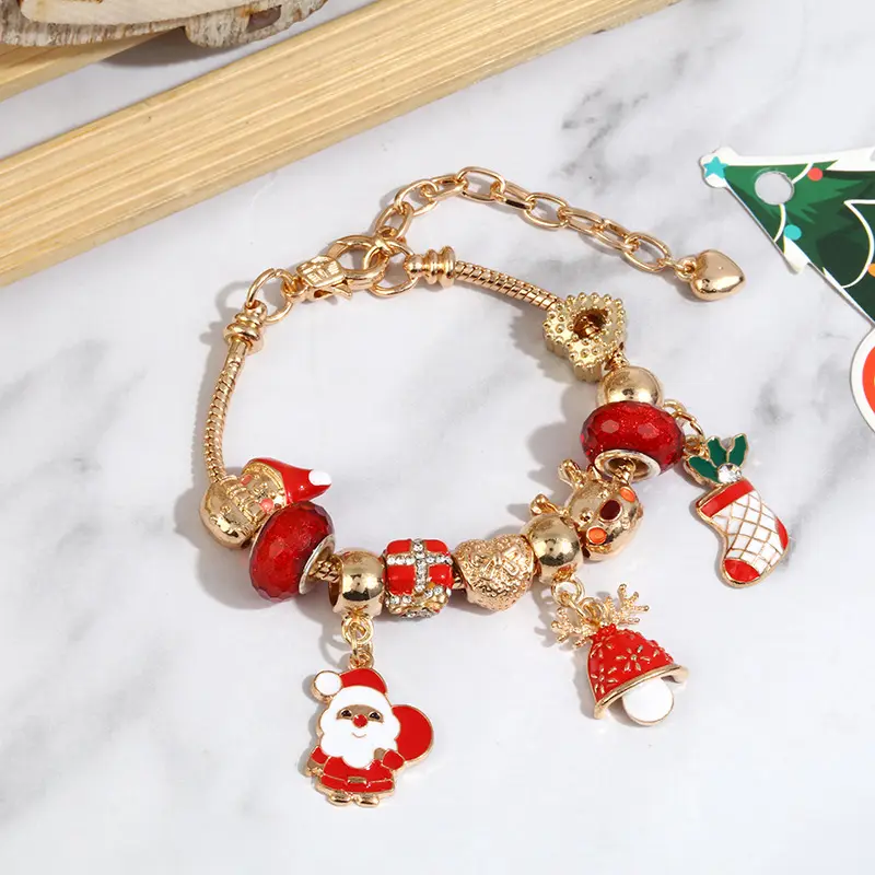 QUEENDO Festive Christmas Charm Bracelet - Enamel Santa Snowflake Tree Stocking Charms, Rhinestone-Accented Beaded Snake Chain, Gold-Silver Multi-Tone Finishes, adjustable link bracelet, DIY Interchangeable Design, party jewelry gift for Holiday Wear