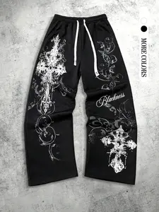 New Unisex Retro Streetwear Straight Leg Pants, Cross Print, Outdoor, Vacation, Camping, Party, Picnic, Casual, Fashionable, All Seasons
