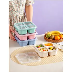 4-Piece Wheat Straw Four-Compartment Snack Boxes Reusable BPA-Free Lunch Bento Containers Stackable for School Work Travel with Cat Ears Lid & Sauce Holders - Cover