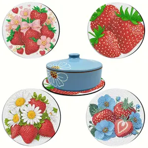 4-Piece Strawberry Theme Diamond Painting Placemat Set, DIY Full Round Rhinestone Art, Wooden Table Mats for Dining & Tea, Home Decor