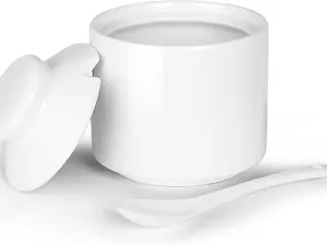 8 oz Sugar Bowl with Lid and Spoon, Ceramic Sugar Dispenser, Sugar Container, Coffee Bar Accessories, Kitchen Countertop Canisters (White)