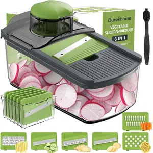 Mandolin Food Slicer, Hand Safe Kitchen Vegetable Shredder with 6 Blades, Veggie Waffle Cutter For Potato,Carrot,Zucchini,Onion, Essential Kitchen Gadgets (6 in 1, Gray)