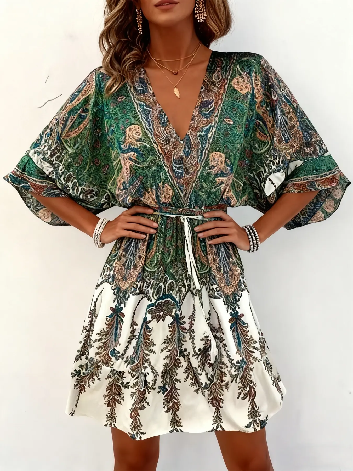 Elegant V Neck Waist Cinched Dress, Boho Style Floral, Boho Aesthetic, Print, Women, Womenswear, Casual Wear, Everyday, Perfect for Weekend Gatherings, Stylish, Chic and Sophisticated, Ideal for Parties