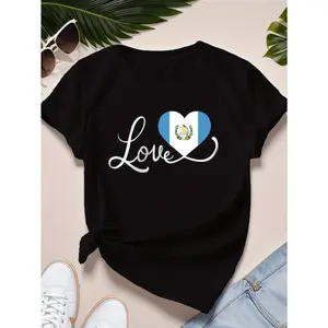 Women's Guatemala Flag Patriotic Crew Neck Short Sleeve T-Shirt 100% Cotton Comfort Fit Graphic Print Top Womenswear Tshirt Black Casual