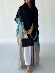 Color-Block Linen-Blend Open Abaya (Black, Teal & Beige), Casual Modest Muslim Kimono Outerwear