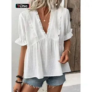 Women's Floral Print Puff Sleeve Ruffle Trim Blouse, Casual V Neck Top for Summer, Women's Clothing for Daily Wear, Shirts, Womenswear
