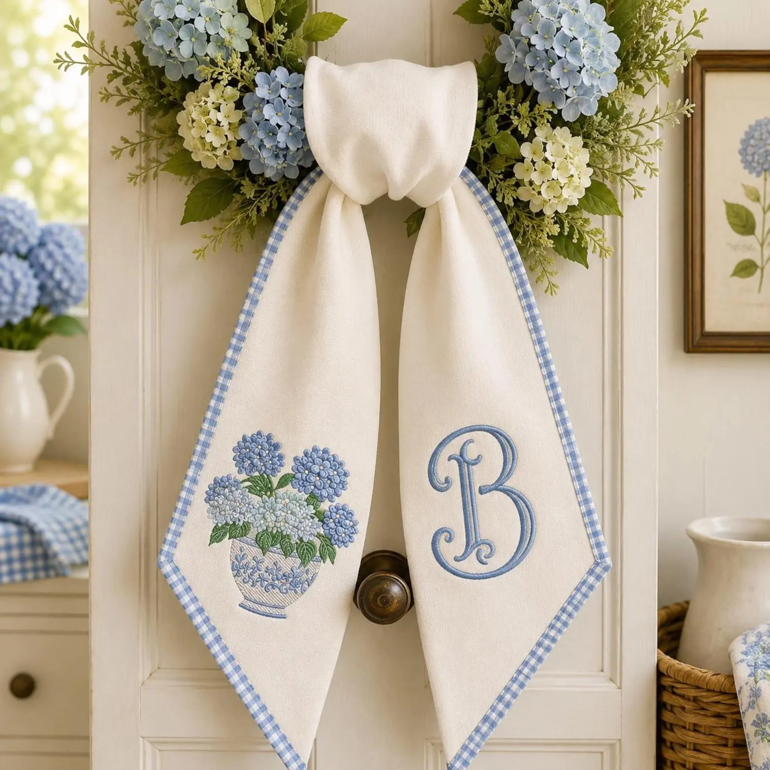 Personalized Wreath Sash with Monogram, Embroidered Hydrangea Door Bow, Custom Initial Wreath Sash, Chinoiserie Floral Front Door Decor