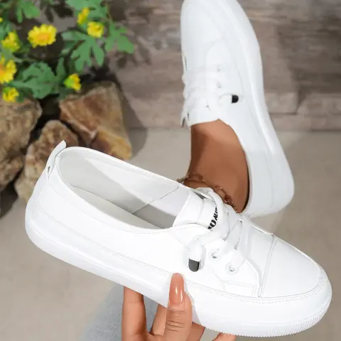Women's Plain Color Sneakers, Casual Lifestyle Sneakers, Fashion Casual Low Top Shoes, Laces College Style, Versatile Sporty Footwear, Large Sizes Available
