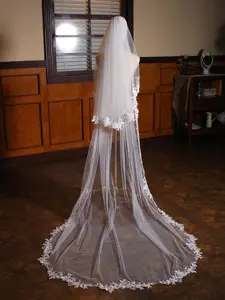 Elegant floor length wedding veil, vintage floral lace wedding veil, double layered ivory bridal veil with blusher, bridal mantilla veil