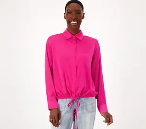 Attitudes by Renee Silky Satin Shirred Drape Back Shirt