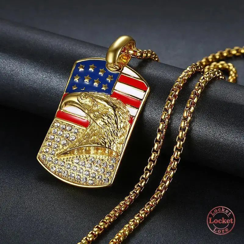 Hip-hop style American flag eagle pendant necklace, made of titanium steel with gold plating and diamond accents. A unique patriotic gift for men, perfect for Valentine's Day.