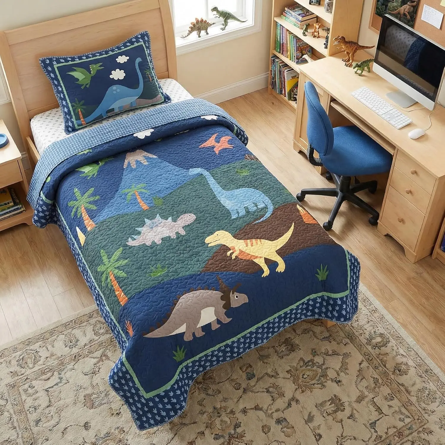 Dinosaur Quilt Set – Twin and 1 Sham, Kids Dinosaur Bedding for Boys, Toddler Twin Comforter and Dino Bedspread, Reversible T-Rex Bedding with Blue Check P