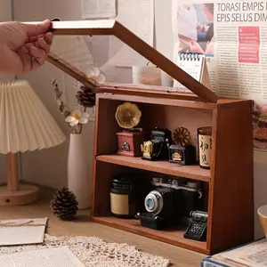 2-Tier Vintage-Style Wooden Display Case with Glass Lid - High Quality Plastic Storage Box, Secure Latch Closure for Dolls, Collectibles, Jewelry & Home Decor, Multi-Purpose Bedroom Organizer