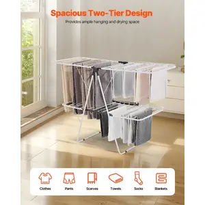 VEVOR Clothes Drying Rack, 2-Tier Foldable Laundry Dryer Rack with Sock Clips 31 Dry Rods, Metal Height Adjustable Drying Racks for Outdoor Indoor, Free-Standing Space-Saving Hanger, White