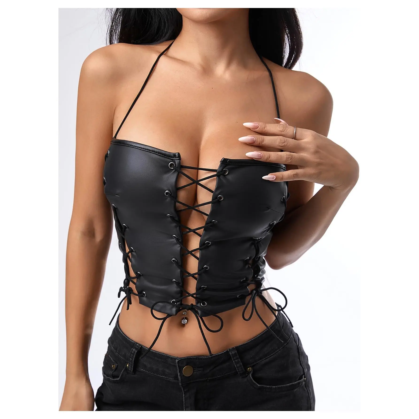 Women's Faux Leather Halter Crop Top, Sexy Spaghetti Strap Lace-Up Front, Backless Tie Top for Party and Clubwear
