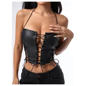 PU Leather Lace Up Halter Top Sleeveless Tie Backless Crop Tops Party Clubwear