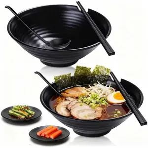 Unbreakable  Style Ramen Bowl Set of 2, 37oz Black Large Matte Melamine Bowls and Spoons Set with Chopsticks & Saucers for Pho Thai Miso Udon Soup Noodles or