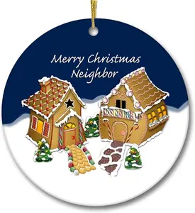 Merry Christmas Neighbor Tree Ornament 2024 Gingerbread House Friendship Gift Happy Holidays Present to Your Neighbor 3inch Round Ceramic Ornament Xmas Present Gift Box