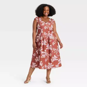 Women's Short Sleeve Corset Midi Dress - A New Day Pink Floral 1X