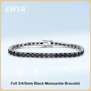 EWYA GRA Certified Real 3/4/5/6.5MM Full Black Moissanite Tennis Bracelet for Women Men S925 Silver Link Bracelets Fine Jewelry