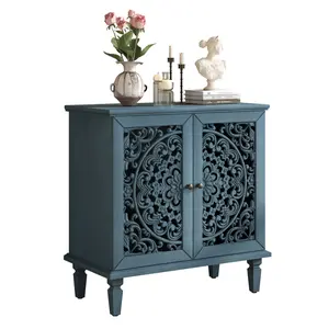 31.5"L*15.75"W*31.5"H Rectangular Vintage Hollow‑Carved Floral Accent Cabinet, Solid Wood Legs High Load Bearing Adjustable Shelf Sideboard Storage Cabinet for Living Room Entryway Hallway