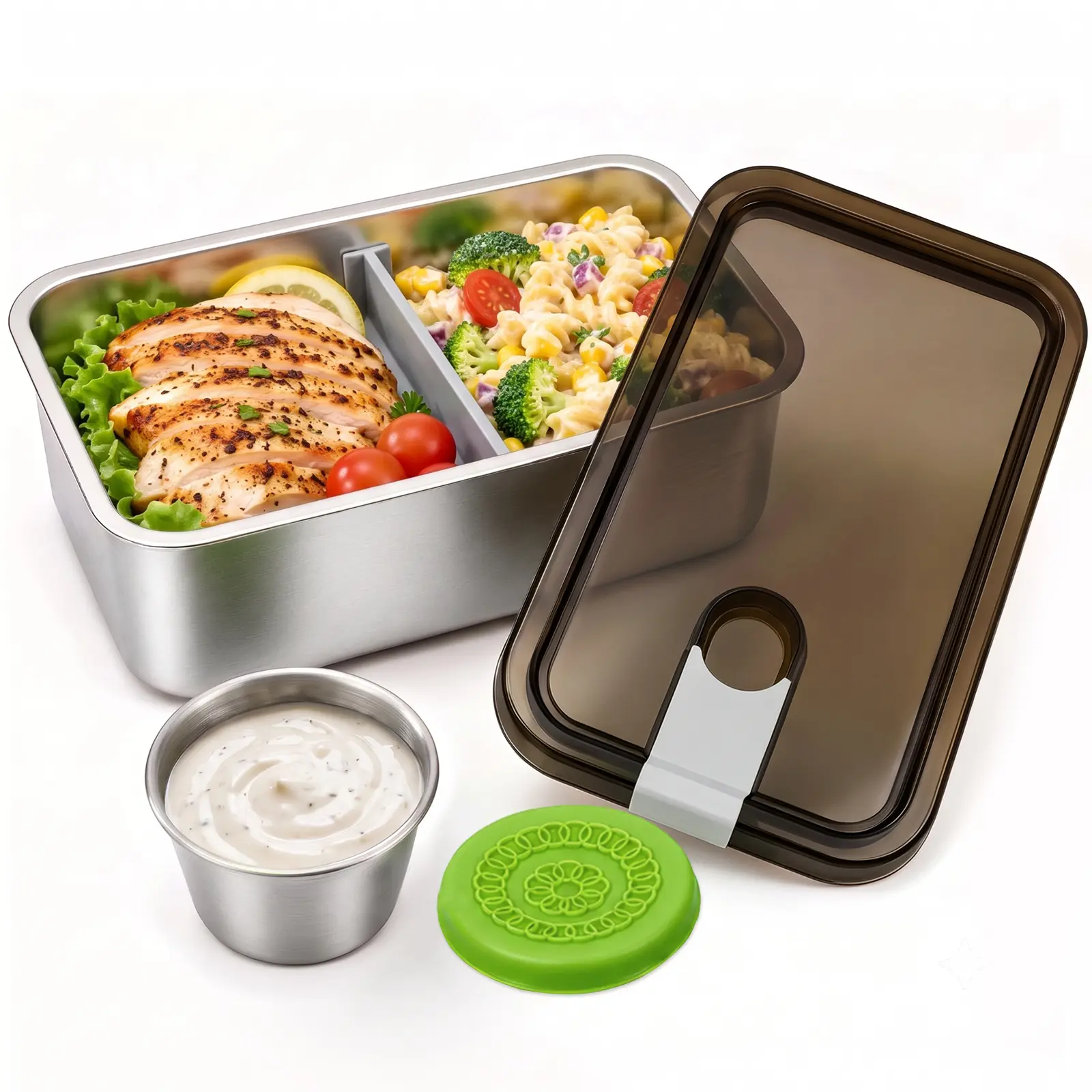 1250ML 304 Stainless Steel Microwavable Lunch Box for Adults, Leakproof Bento Box with Removable Divider & Sauce Container, BPA & BPS Free, Dishwasher Safe Perfect for Office Meal Prep