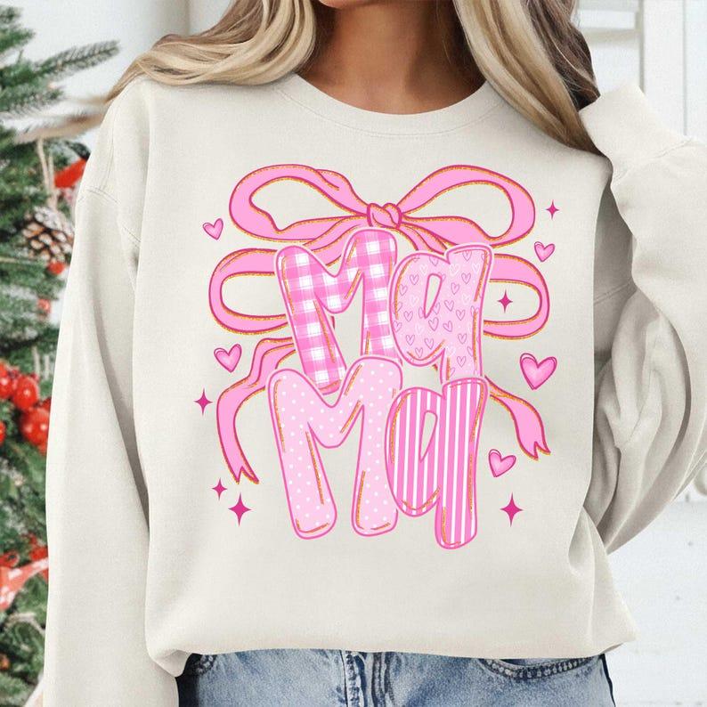 Valentine Mama Sweatshirt – Hoodie – Shirt, Valentine Coquette Sweater, Girly Pink Bow, Valentine’s Day Shirts, Checker Striped Mama Tee, Mom Valentine Day Gifts