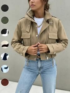 women's fall casual fitted biker jacket, short woven coat with pockets & zipper, long sleeve outerwear for autumn fashion