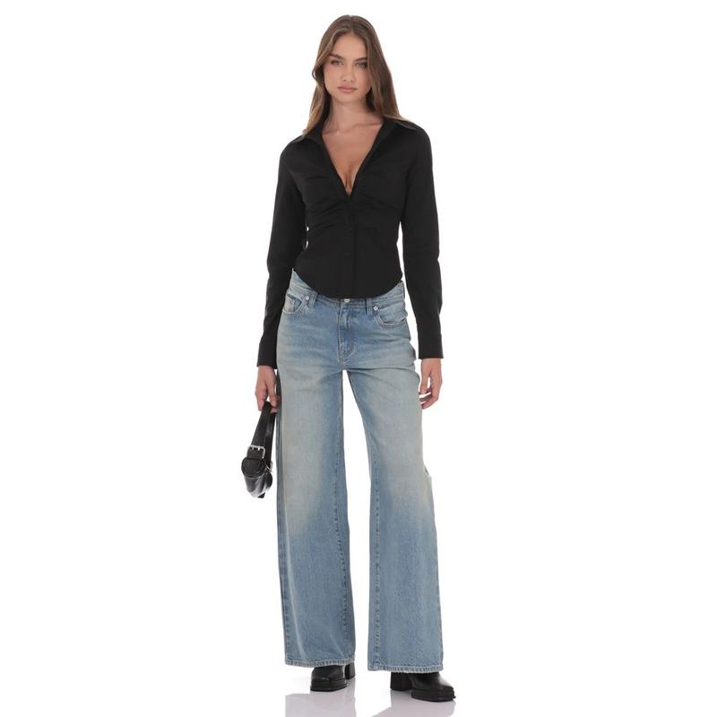 Ruched Button-Up Shirt in Black